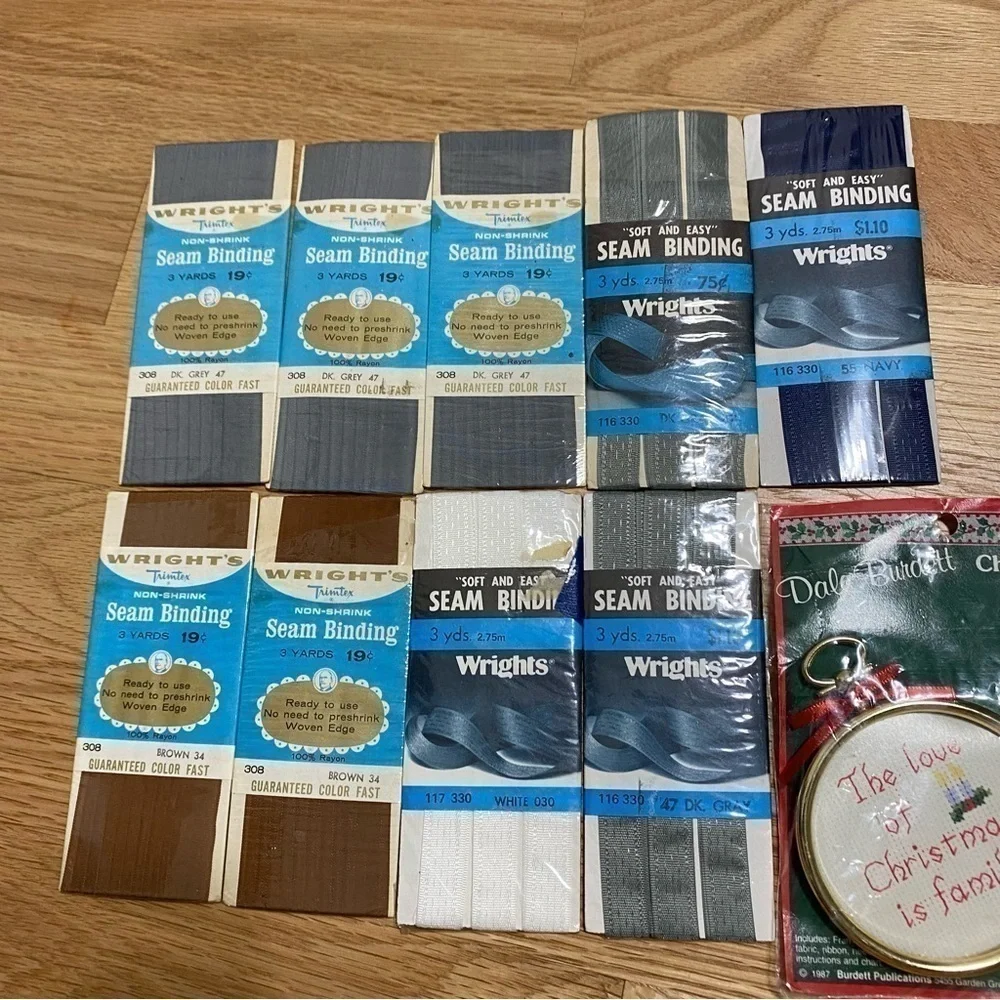 Vintage Sewing Cross Stitch Christmas Kit Bundle NEW Seam Binding Wright’s Brown